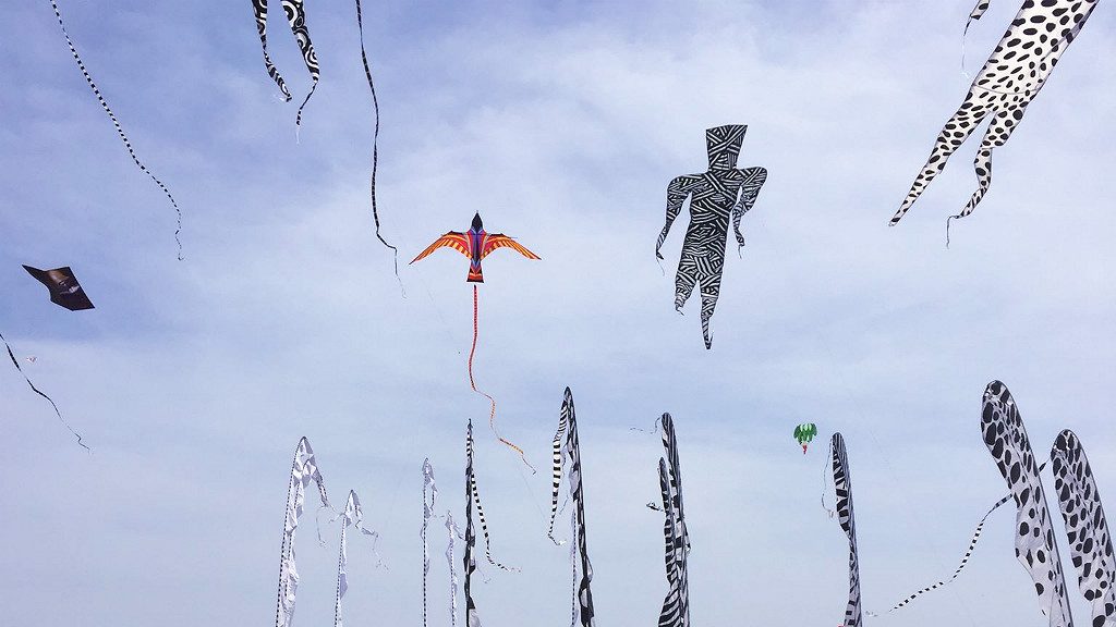 Kites in the sky at the Peaceful World Kite Festival in Uchinada, Japan