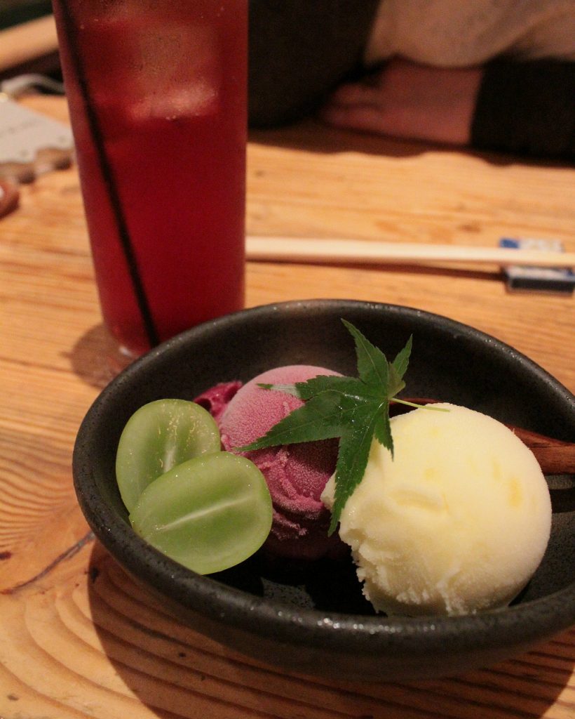 Grape and yuzu ice cream with an umeshu cocktail at Plum Dining in Uchinada, Japan