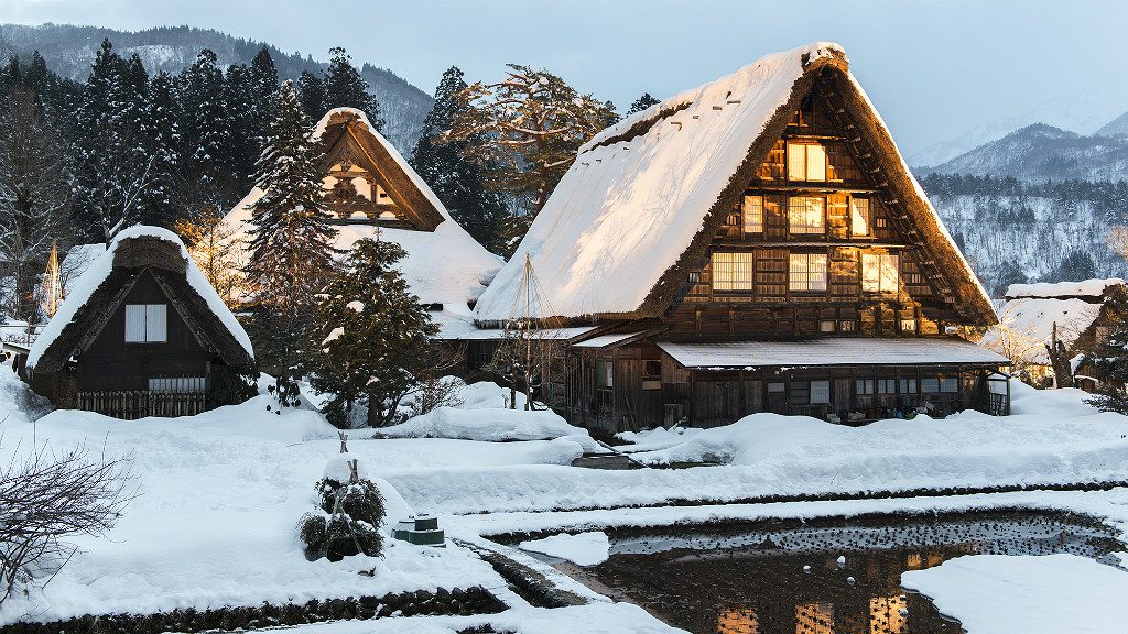 snow traditional japanese gasshou farmhouse at shirakawago