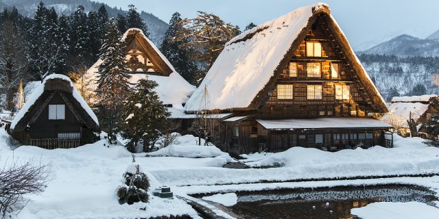 snow traditional japanese gasshou farmhouse at shirakawago