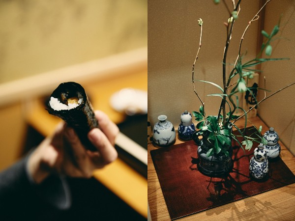 Sushi Rolls and delicate ikebana in Komatsu Yasuke, sushi in Kanazawa