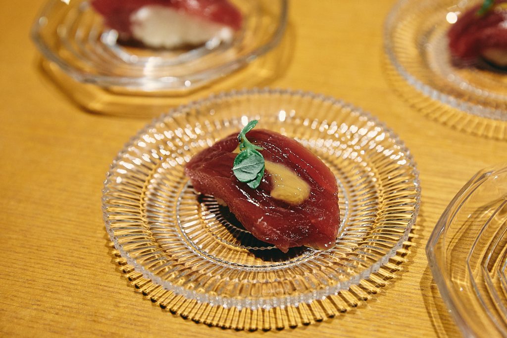 Delicate plates of sushi in Kanazawa's legendary restaurant, Komatsu Yasuke