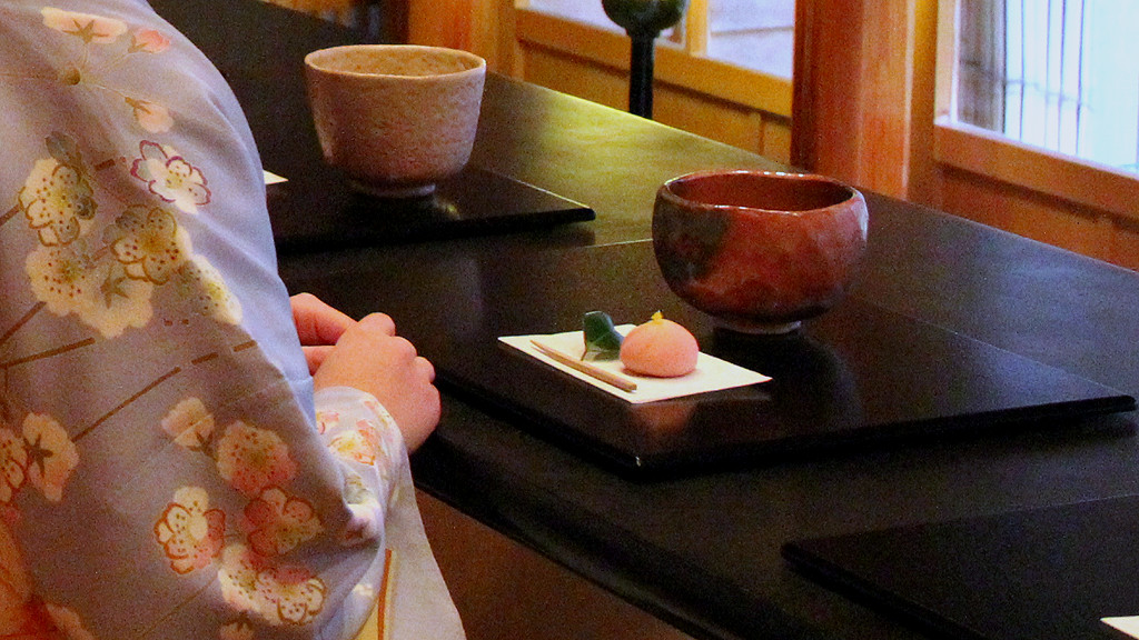 Matcha Tea Served with Wagashi Soft Sweet to Kimono-wearing Person in Kanazawa