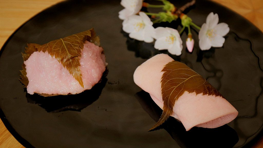 Two kinds of Sakura Mochi for the Cherry Blossom Season in Kanazawa Japan