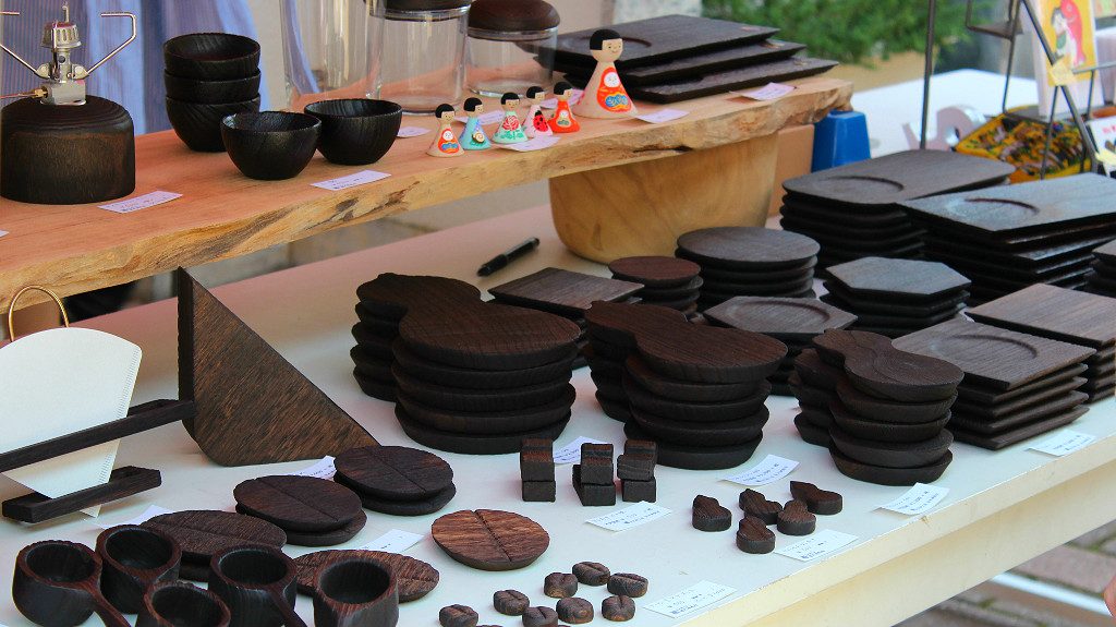 Coffee-stained wood-ware at a booth in Shin Tatemachi's Coffee Campaign in Kanazawa, Japan