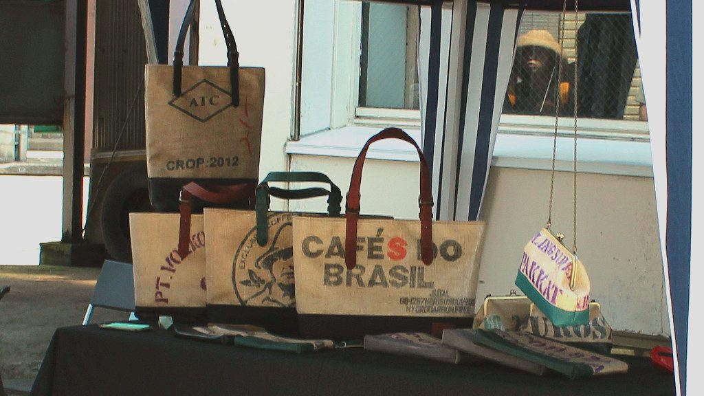 Recycled coffee bean bags at a booth in Shin Tatemachi's Coffee Campaign in Kanazawa, Japan