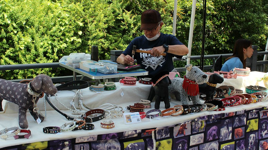 Hand crafted dog collars in a booth at the Seseragi Marriage Festival in Kanazawa, Japan