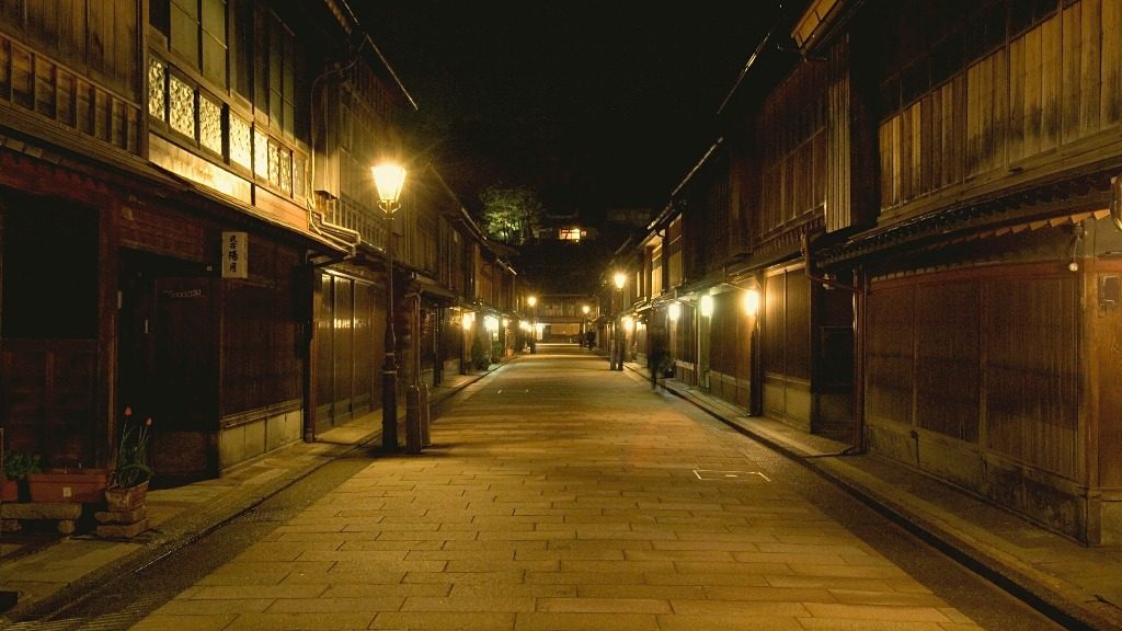 Higashi Chaya District Lit up at Night in Kanazawa, Japan