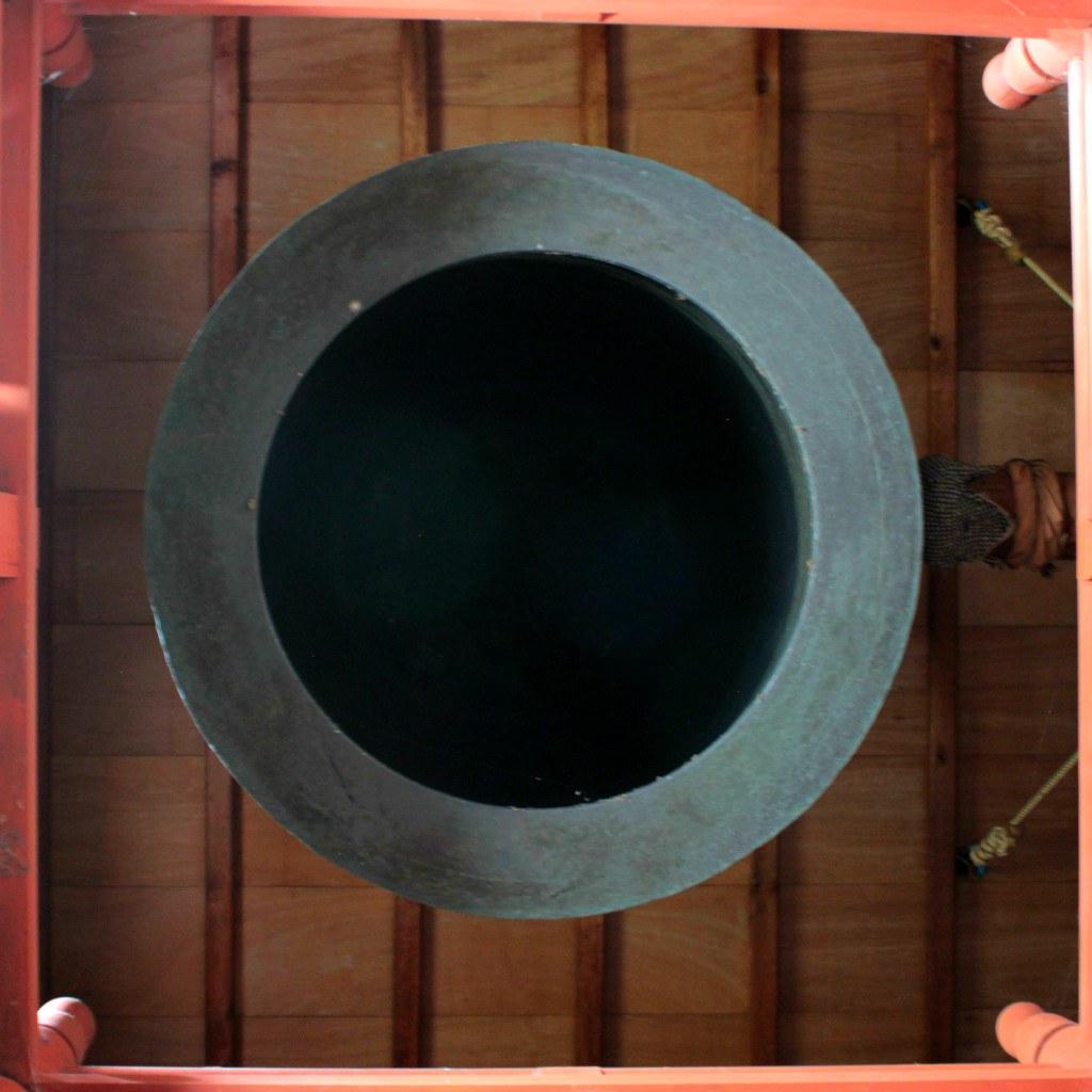 View from below of the bell at Tentokuin, the Princess Temple in Kanazawa, Japan