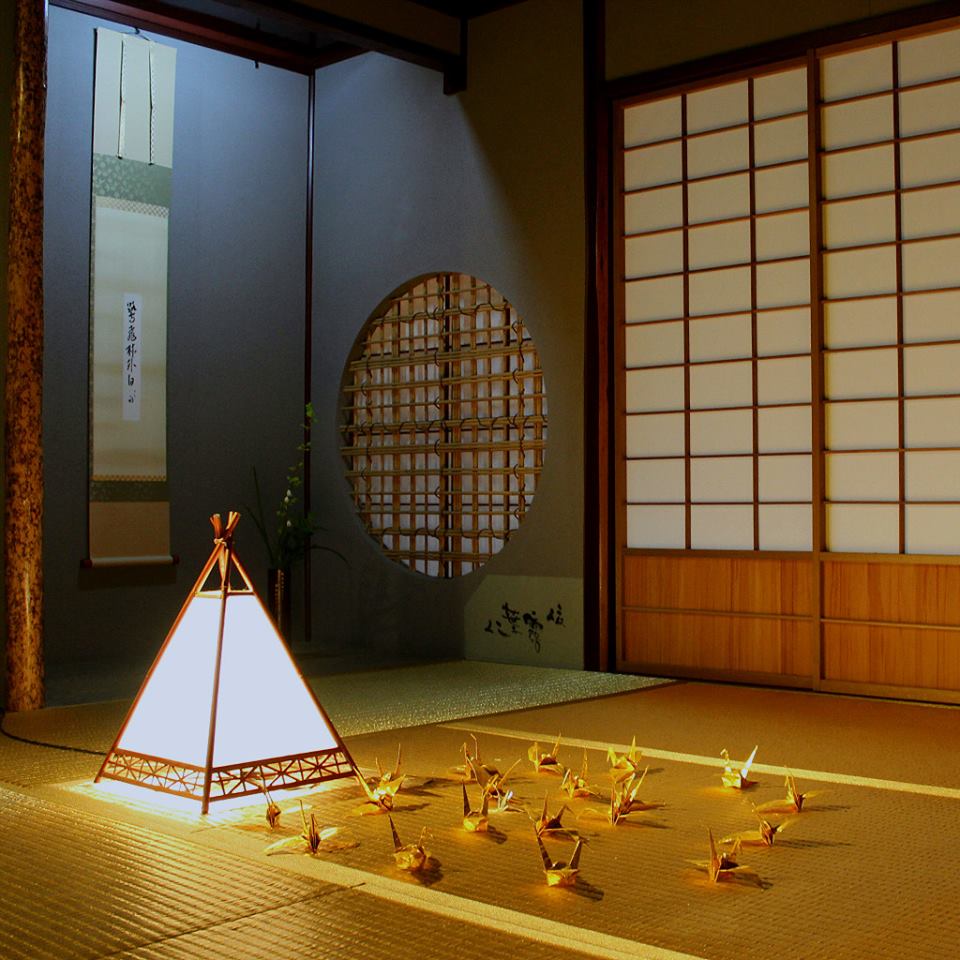 The gold-threaded tatami mat room of Kaikaro Tea House in Higashi Chaya in Kanazawa, Japan
