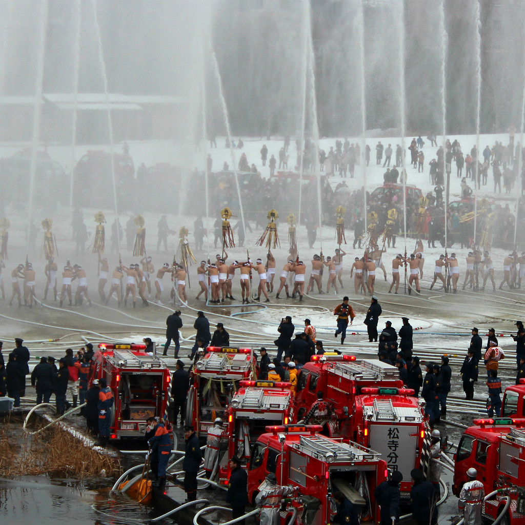 Kagatobi strip down to fundoshi during the Dezome Shiki New Year event. Nude firefighters in Kanazawa, Japan