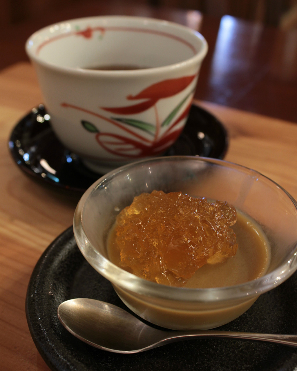 Sweet koji jelly dessert with tea at Kouji Park's bar in Ono, Kanazawa, Japan