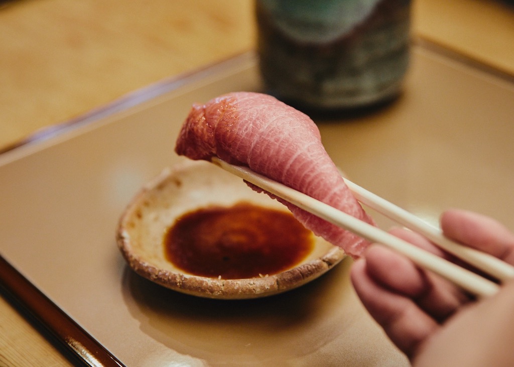 A well marblized and massive tuna sushi at Matsuno in Kohaku, near Kanazawa, Japan.