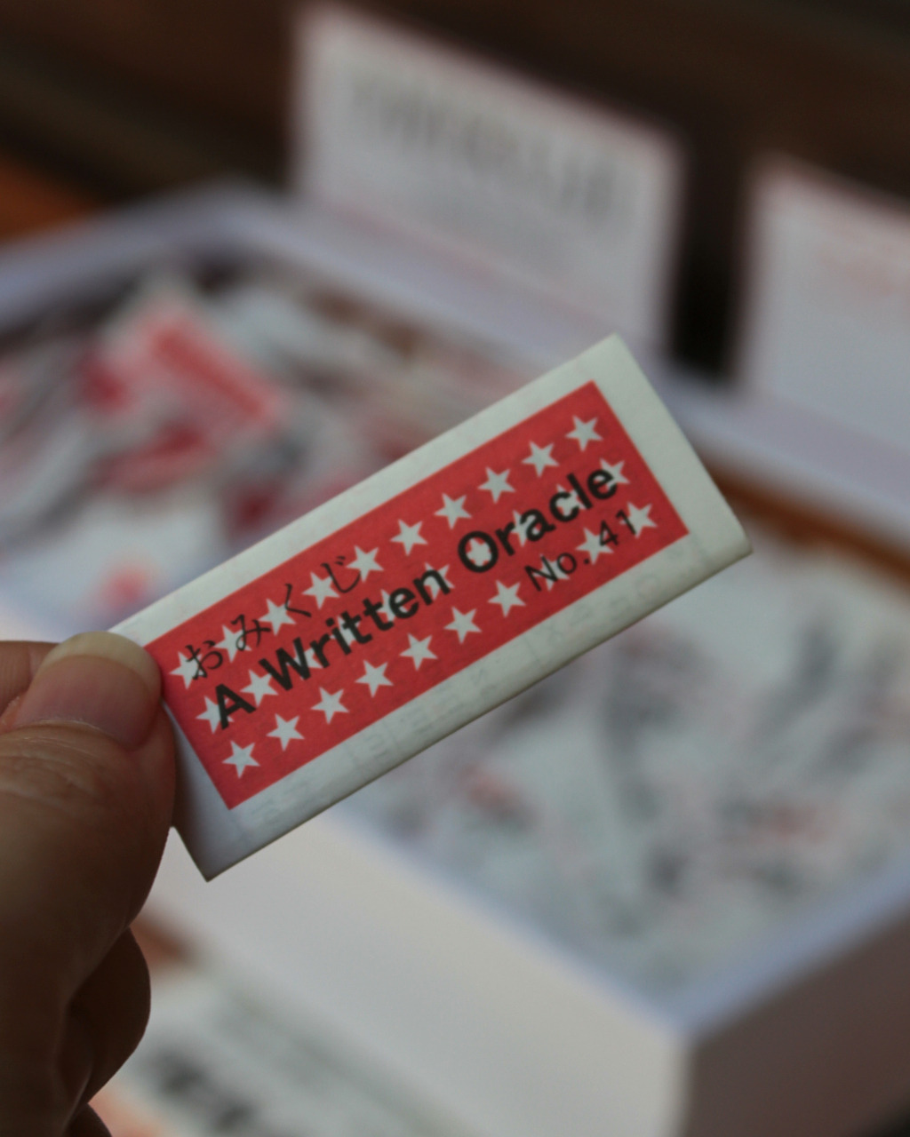 English omikuji, or paper fortune, available at Kanazawa Shrine.