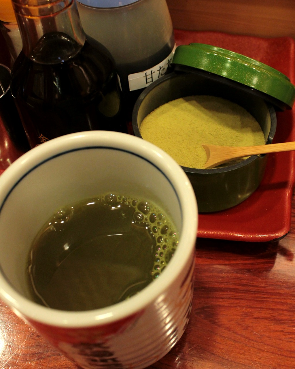 Agari green tea at a sushi train restaurant in Kanazawa, Japan