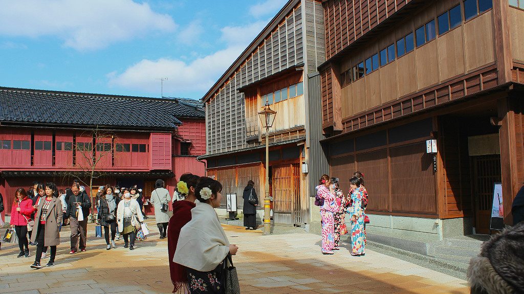 The busy square in Higashi Chaya, the eastern most geisha district in Kanazawa, Japan