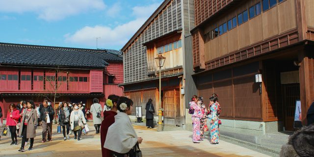 The busy square in Higashi Chaya, the eastern most geisha district in Kanazawa, Japan