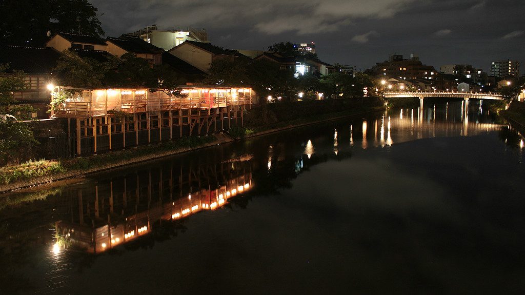 Kazuemachi evening during the summertime Obon festival, in Kanazawa, Japan