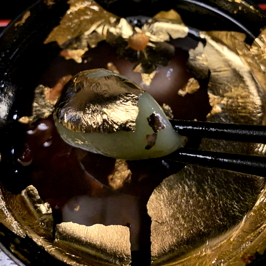 Gold Leaf on Sweet Bean Soup with Rice Cake Dumplings at Kaikaro, Higahsi Chaya Geisha District in Kanazawa, Japan