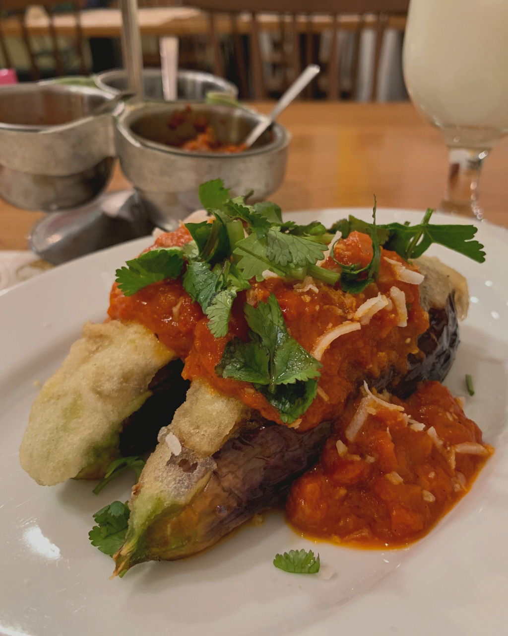 Vegan Coconut Stuffed Eggplants at Aashirwad, Indian-Nepalese dining in Kanazawa, Japan