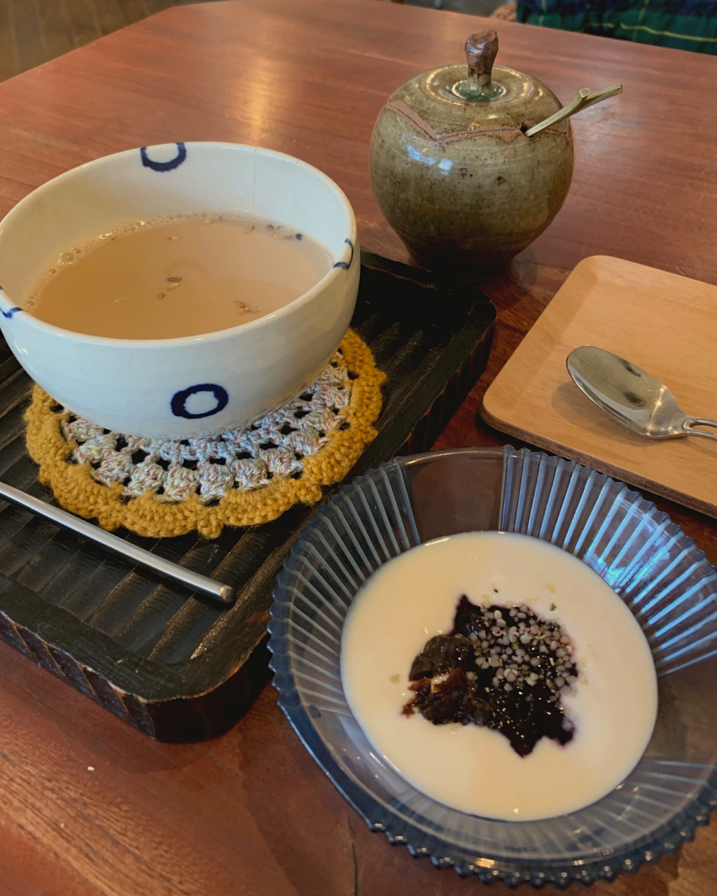 Soy milk yogurt and amazake and soy milk spiced chai for dessert at Ihanoha Vegan Cafe in Kanazawa, Japan