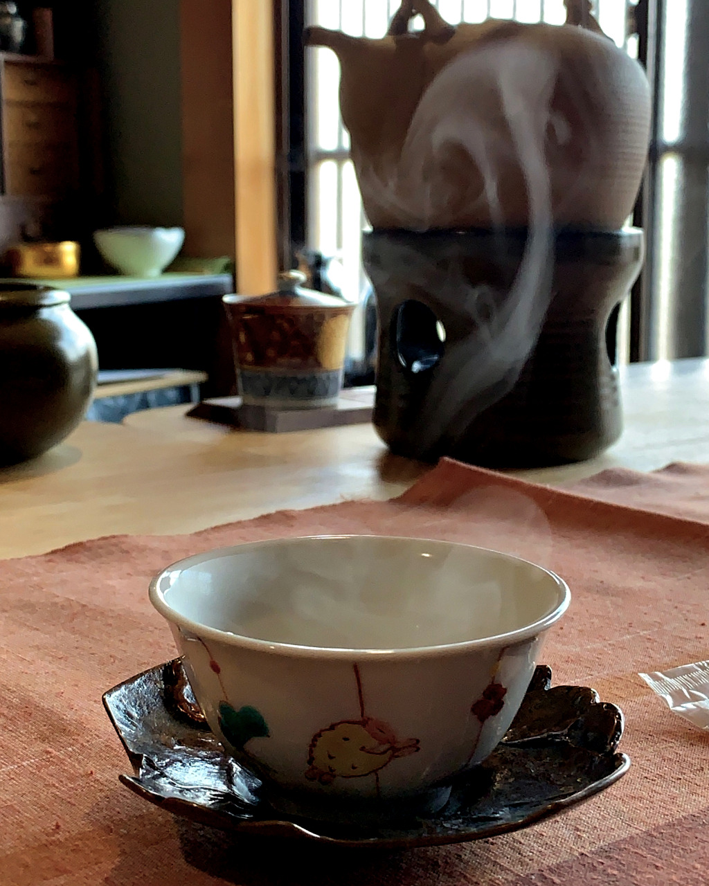 Hot cup of water for tea at Mikoto Tea House in Kanazawa, Japan