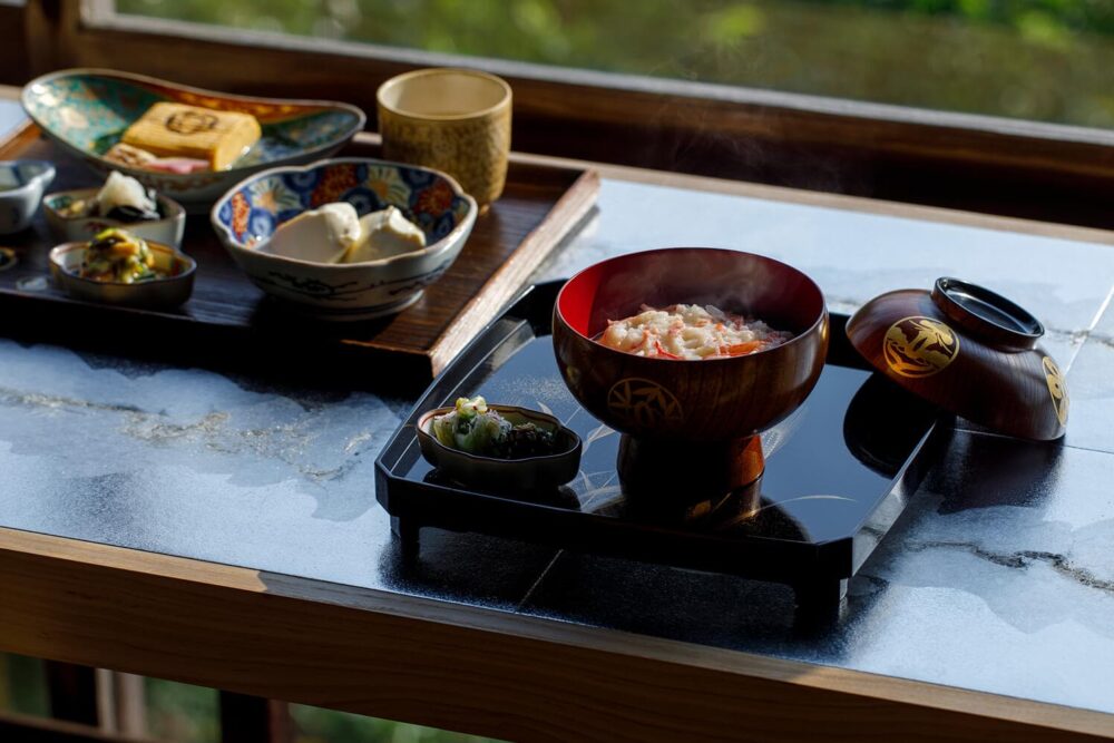 Breakfast spread including crab congee at Tsubajin, the oldest kaiseki in Kanazawa
