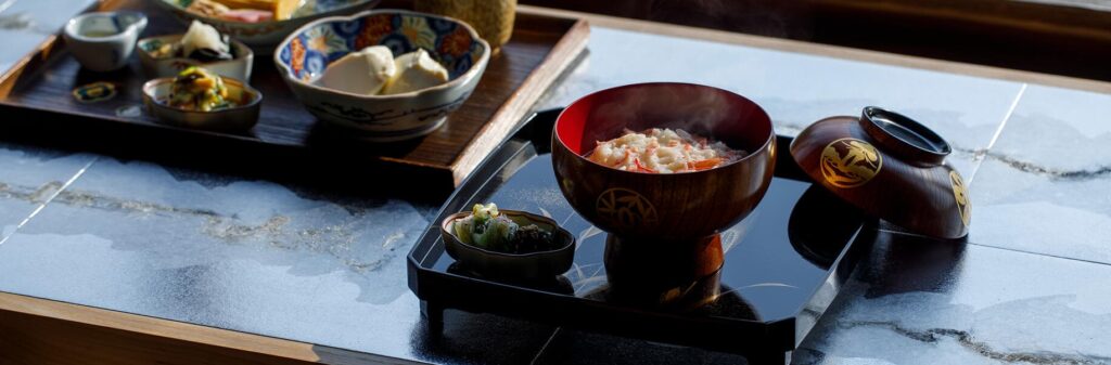 Breakfast spread including crab congee at Tsubajin, the oldest kaiseki in Kanazawa