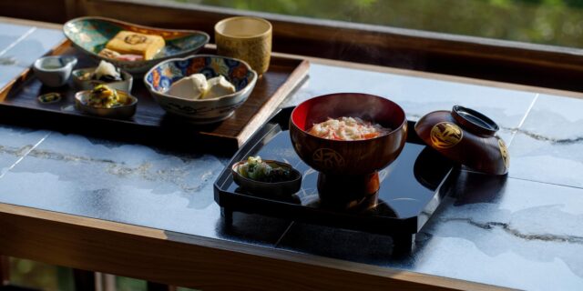 Breakfast spread including crab congee at Tsubajin, the oldest kaiseki in Kanazawa