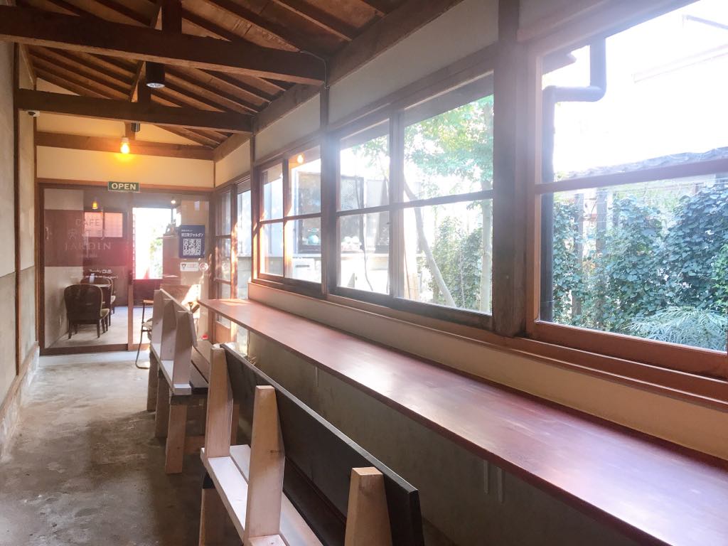 Long hall and seating in Yasue Jardin, near Kanazawa Station