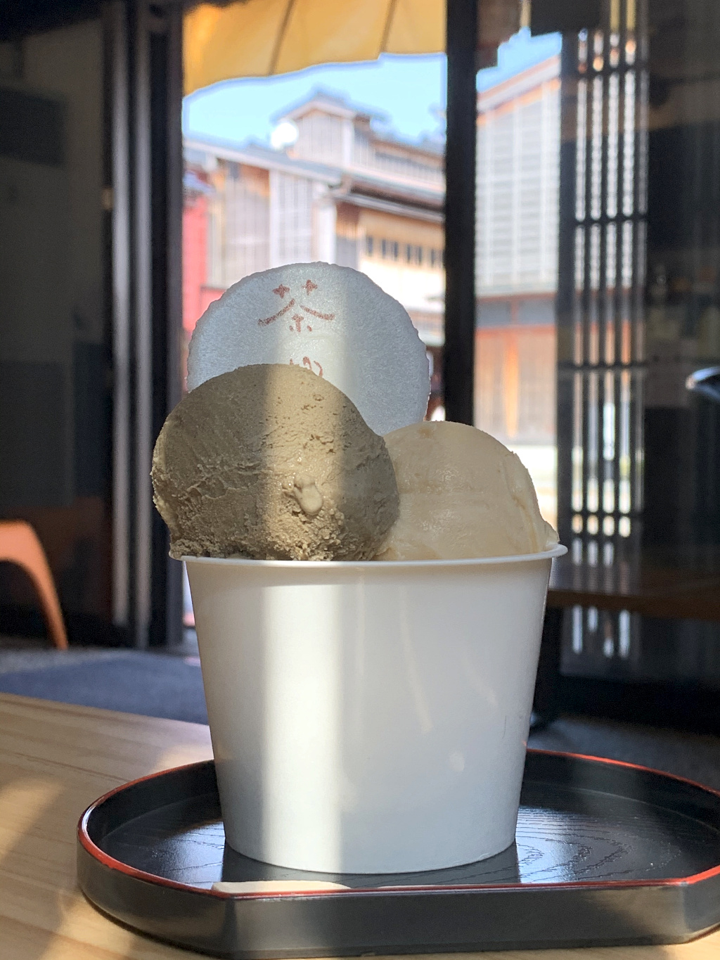 Kaga-bocha roasted tea and kinako roasted soy bean gelato at Chayu in Higashi Chaya, a geisha district in Kanazawa.