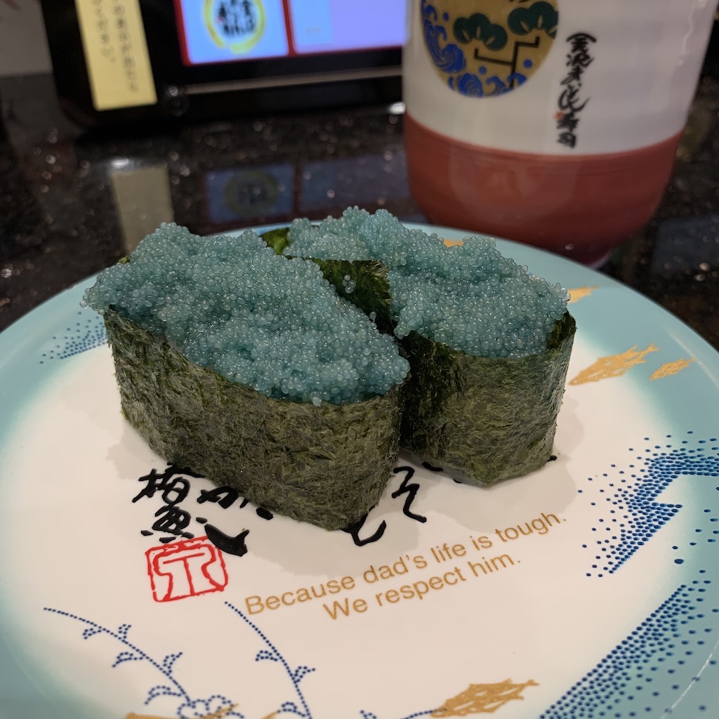 natrually blue sweet-shrimp eggs served in a battleship style sushi roll
