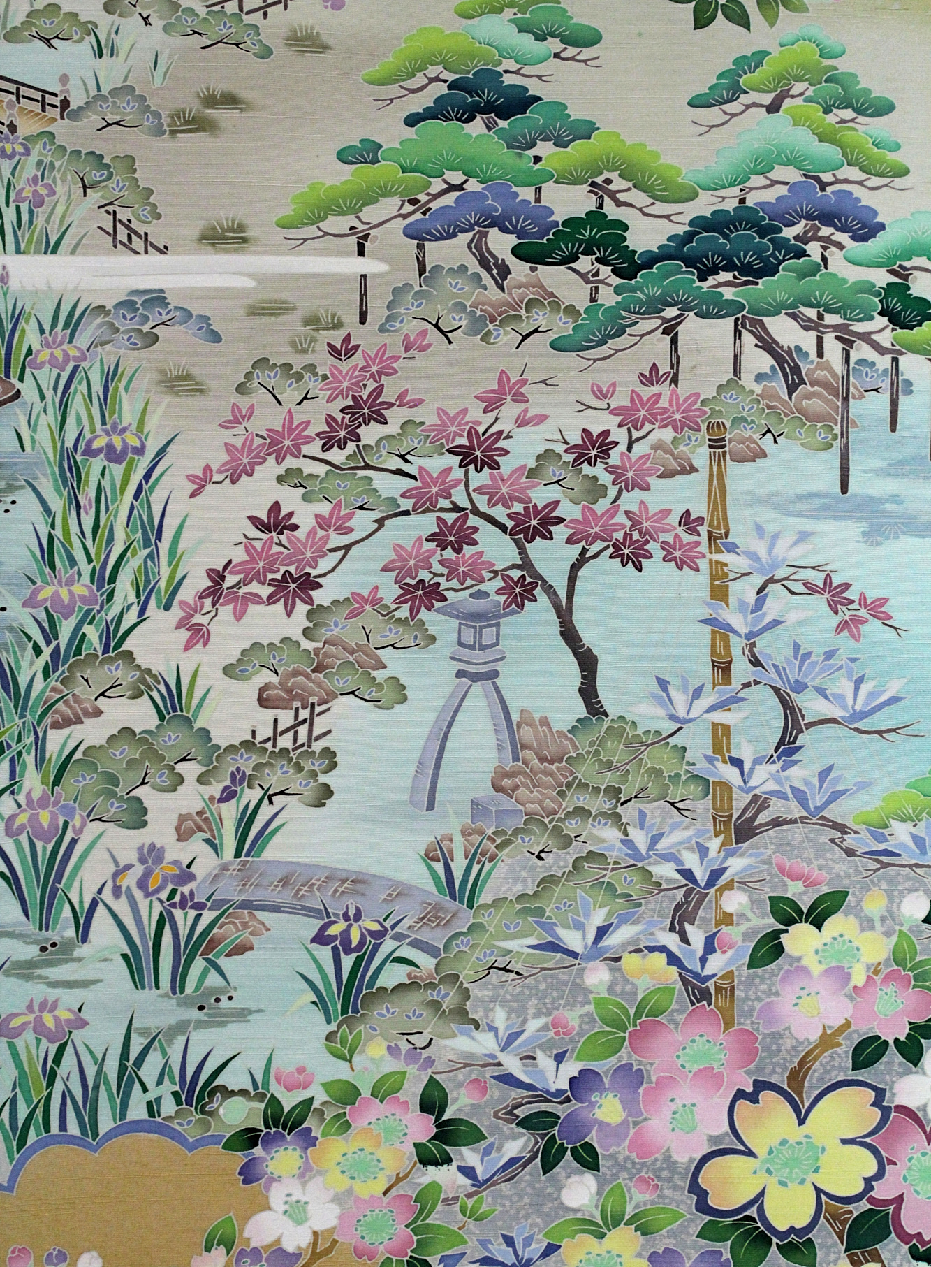 A depiction of Kenrokuen Garden on Kaga-yuzen silk by Teranishi