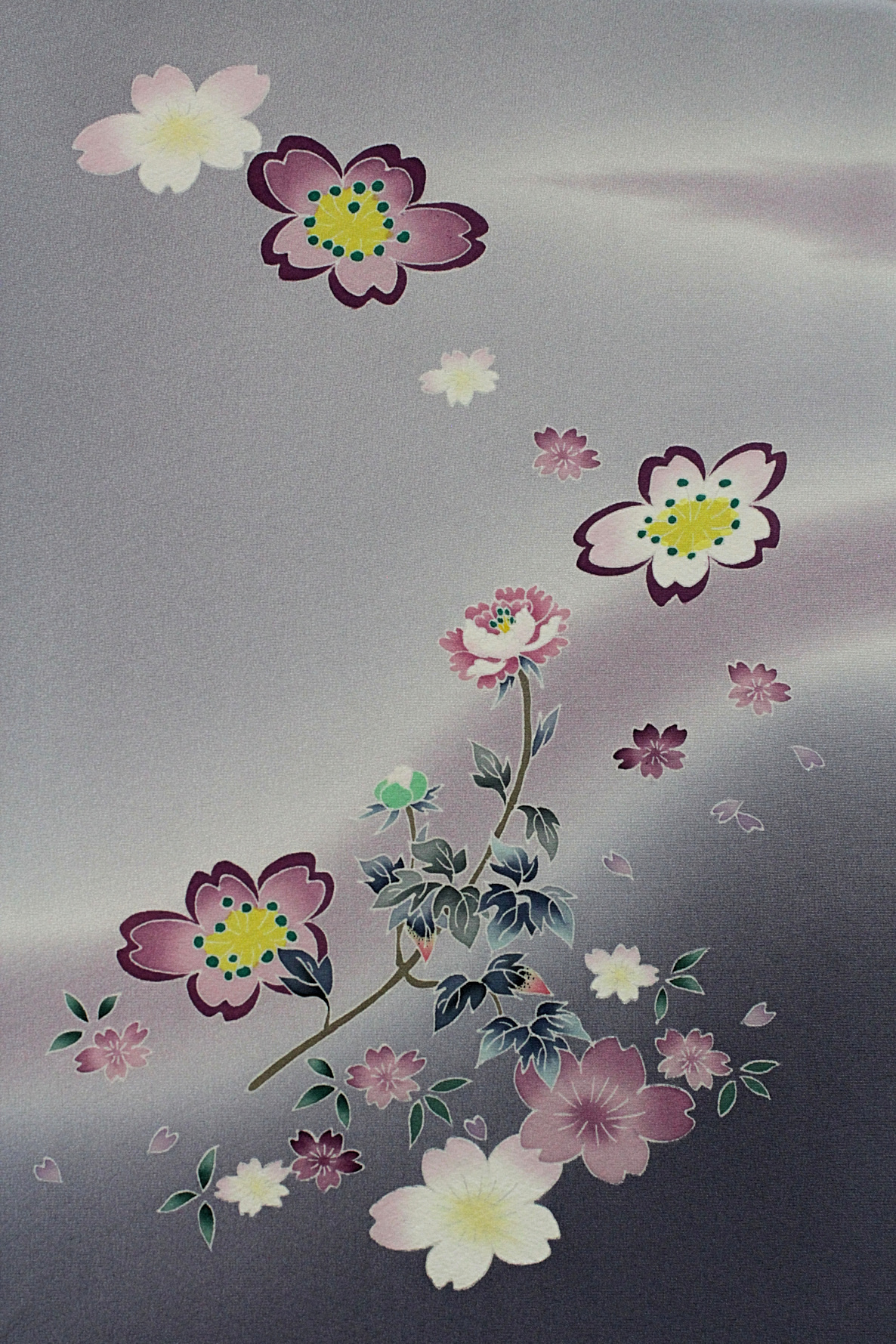 A depiction of flowers in the wind against a misty gray and purple background, painted on Kaga-yuzen silk for a kimono and designed by Teranishi