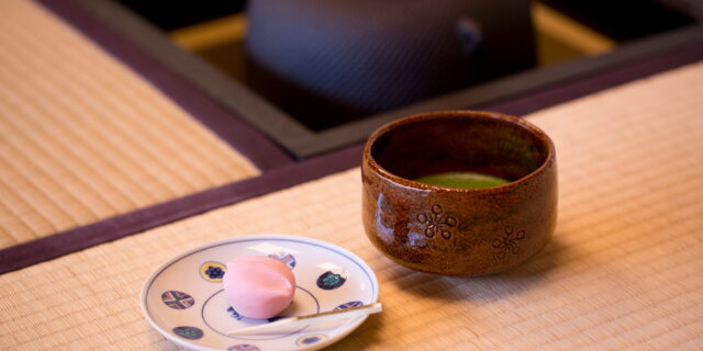 matcha tea and wagashi served on tatami mat, courtesy City of Kanazawa