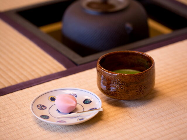 matcha tea and wagashi served on tatami mat, courtesy City of Kanazawa