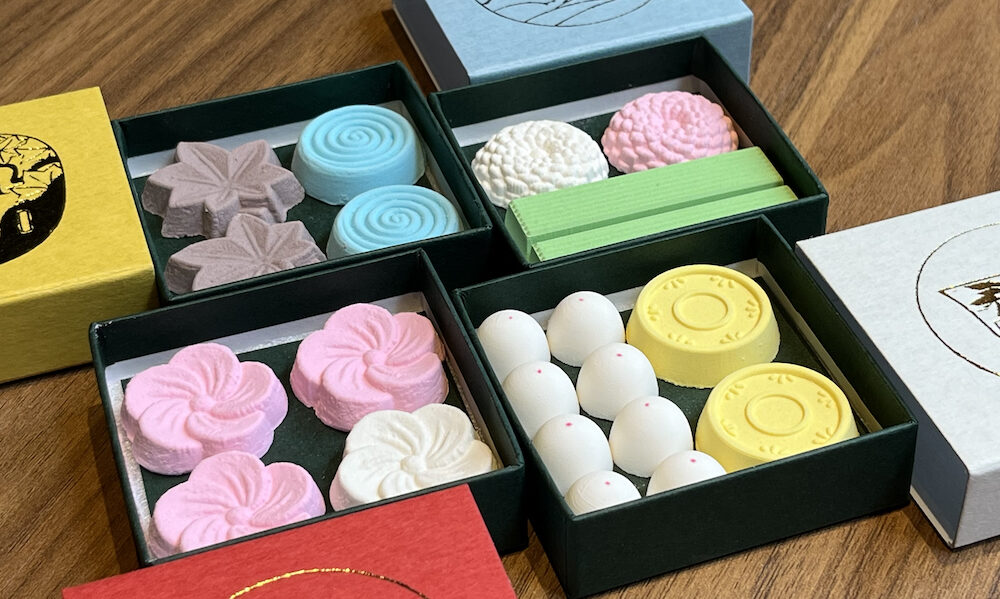 A selection of seasonal and year-round rakugan candies in small boxes from Moroe Rakugan in Kanazawa