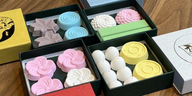 A selection of seasonal and year-round rakugan candies in small boxes from Moroe Rakugan in Kanazawa