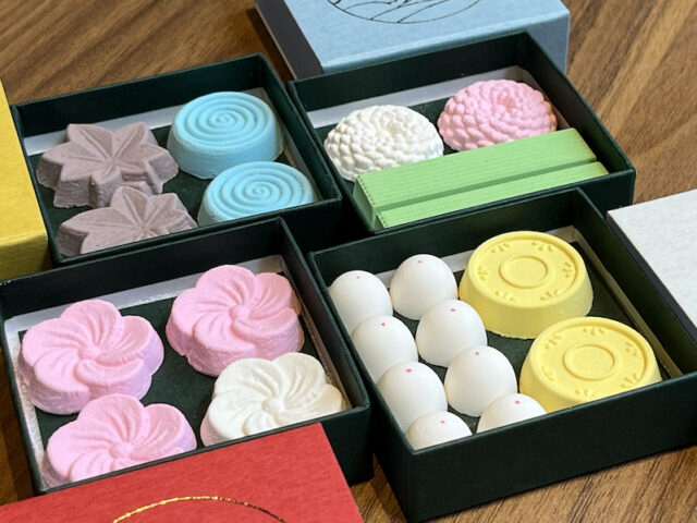 A selection of seasonal and year-round rakugan candies in small boxes from Moroe Rakugan in Kanazawa