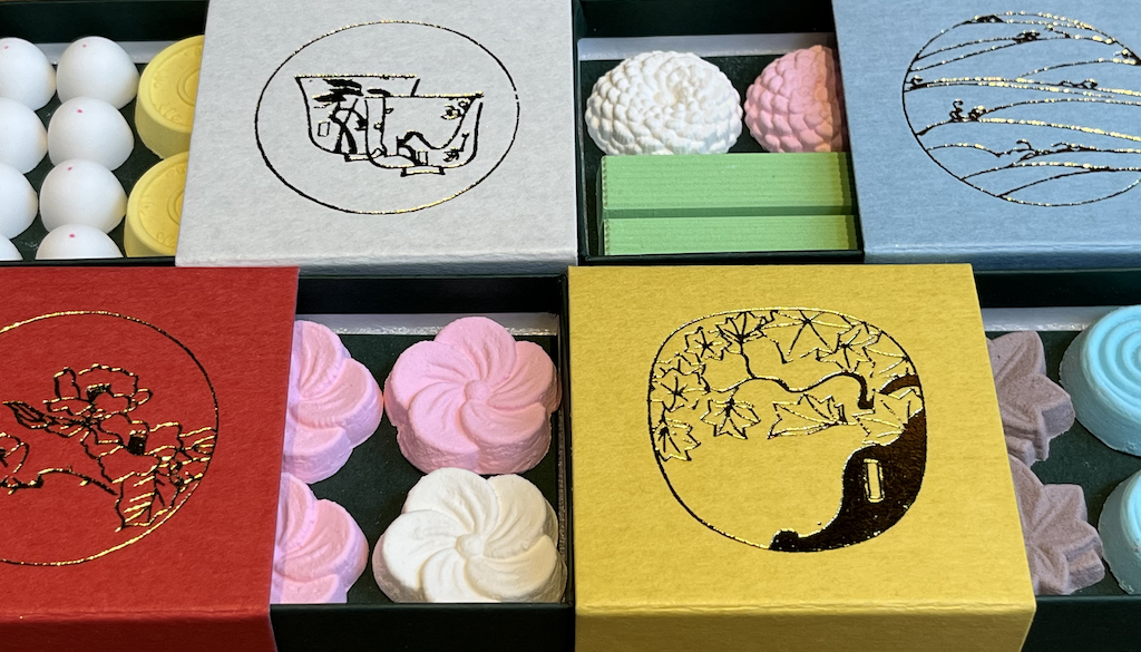 A selection of seasonal and year-round rakugan candies in small boxes from Moroe Rakugan in Kanazawa